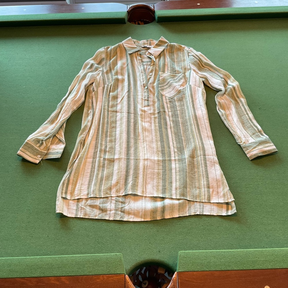 Nanette Lepore Green and White Striped Tunic Top Small Long Sleeve Button Down S